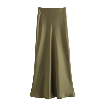 TRAFZA 2024 Y2K Casual Women Long Skirt Spring Elastic High Waisted A-Line Casual Female Satin Skirts High Street Lady Skirts