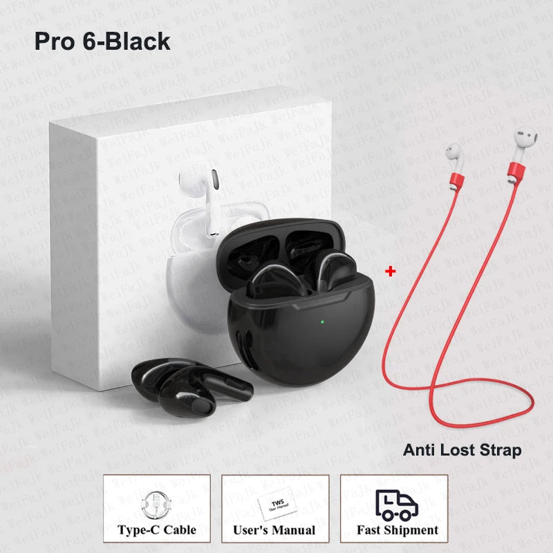 Original Pro 6 TWS Max Wireless Bluetooth Earphones Mini Earbuds Noise Cancelling Headset For Airpodding Apple iPhone Headphones