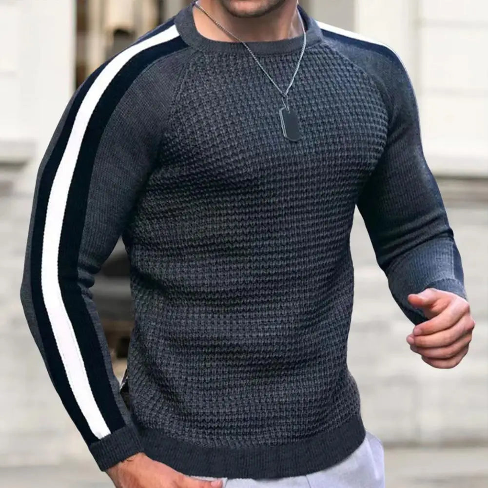 Men's Autumn Winter New Waffle Print Pullover Bottoming Shirt Male Color-blocking High-quality Casual Knitted Sweater