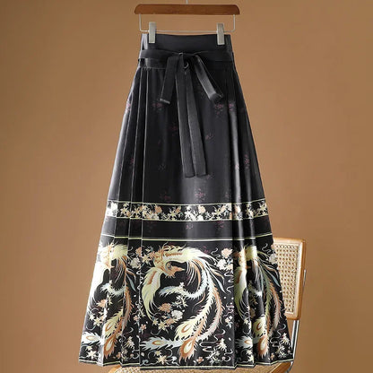 Maxi Chinese Style Horse Face Skirts Women Hanfu Vintage Harajuku Saia Casual Long Print Pleated Skirt Woman Clothing Faldas