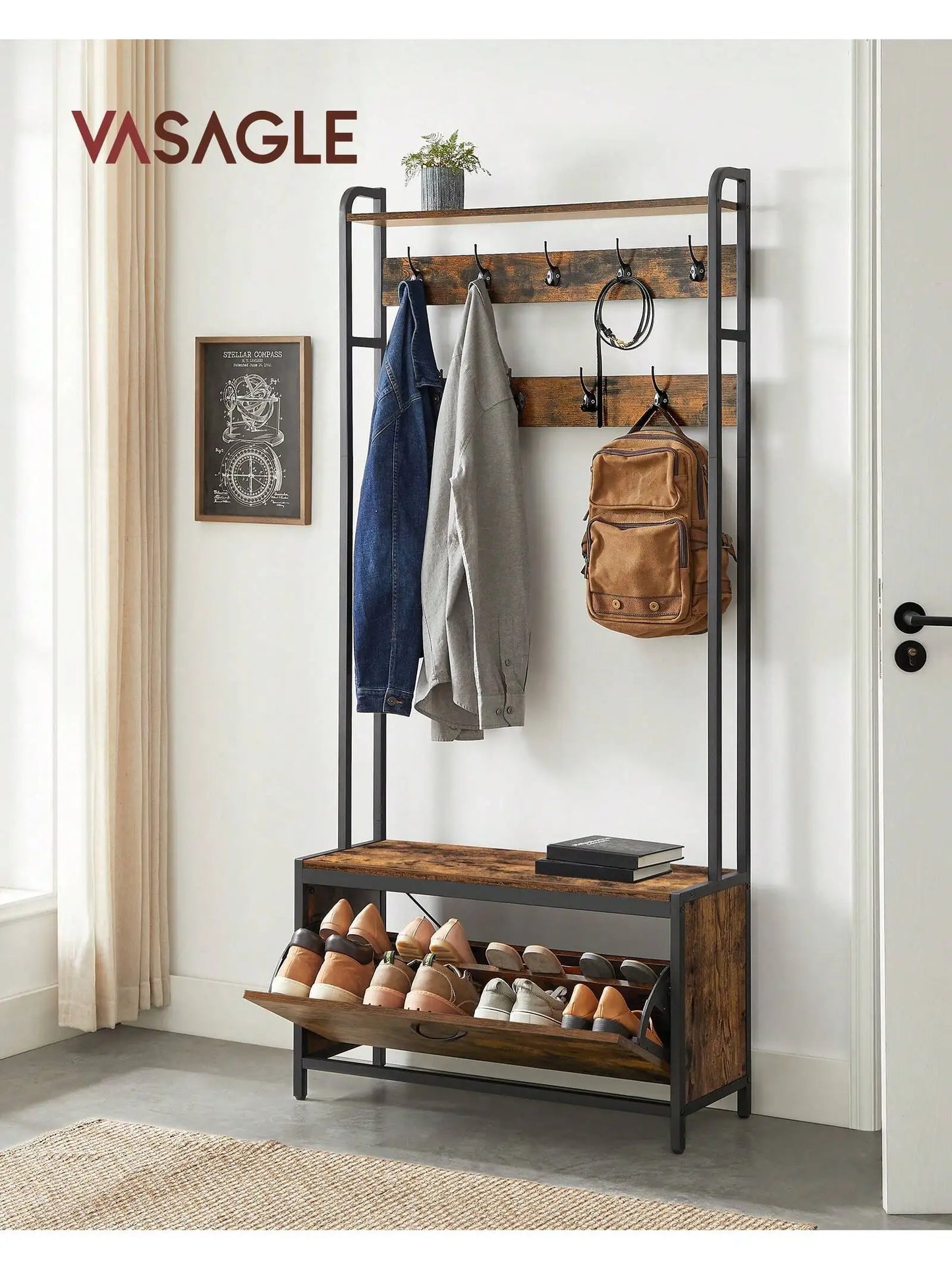 VASAGLE Coat Rack with Shoe Storage, Hall Tree Bench, 9 Hooks, Top Shelf, Hallway Bedroom Organizer, Industrial Style