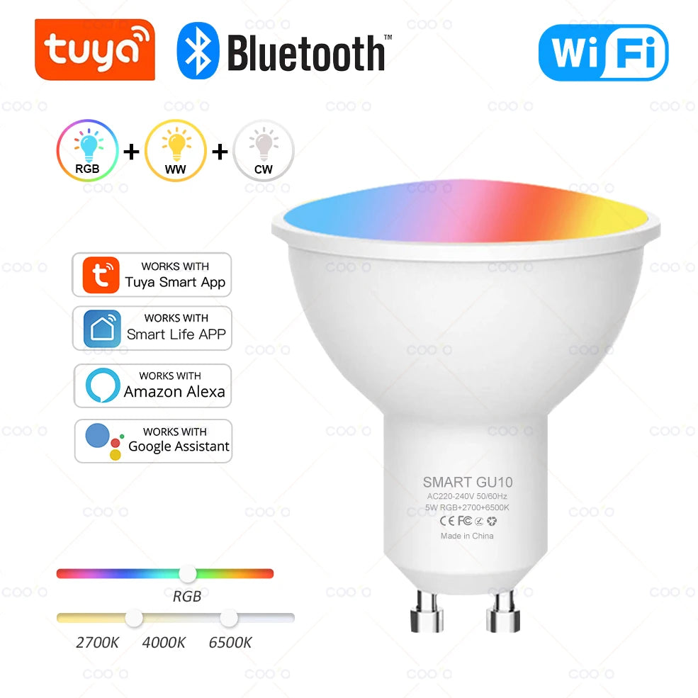 Tuya WiFi GU10 Smart LED Light Bulb Bluetooth GU10 Dimmable Lamps Smart Life App Control Spotlight Bulb Works With Alexa Google