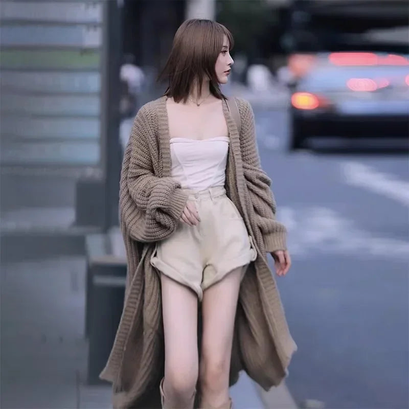 Long Cardigan 2024 Spring Knitted Women Loose V-neck Autumn Winter Elegant Sweet Outerwear Maxi Y2k Sweater Coat Soft Jacket