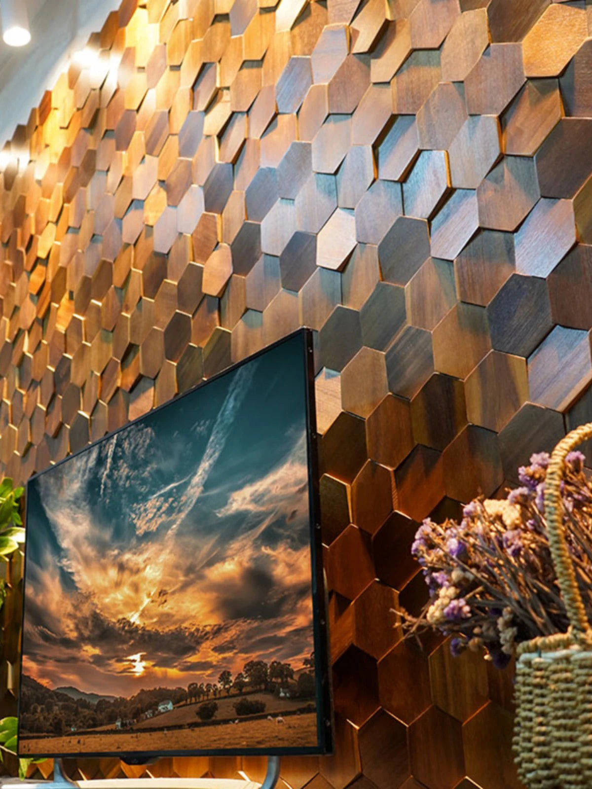 Mosaic hexagonal wall panel Nanyang black walnut wood original wood solid wood hexagonal puzzle TV background wall decoration