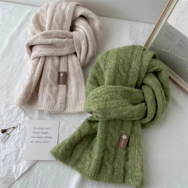 Pure Color Twist Knit Wool Blends Scarf Autumn Winter Lady Men Neckerchief Lovers Student Soft Warm Pashmina Shawl Muffler