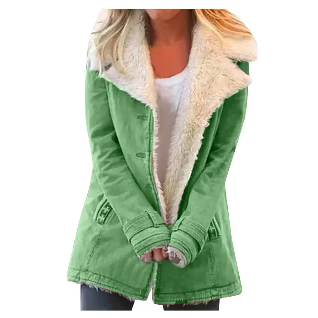 Women Autumn Winter Solid Color Plush Lapel Coat Jacket Fashion Casual Parka Jacket