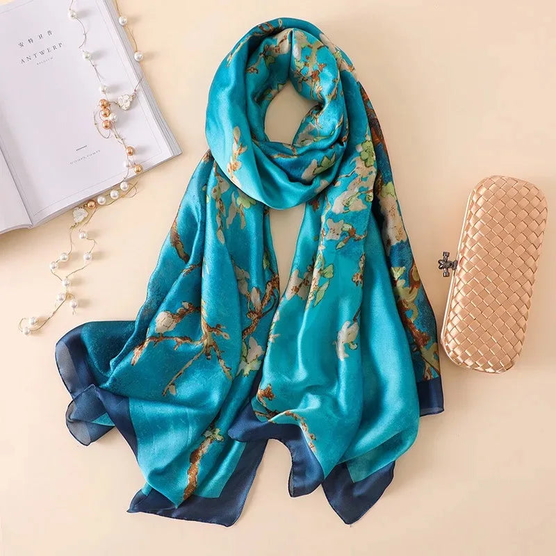 Women Fashion Print Silk Scarf Luxury Brand Warm 180X90CM Scarves Popular Lrage Satin Finish Shawl The Four Seasons Design Hijab