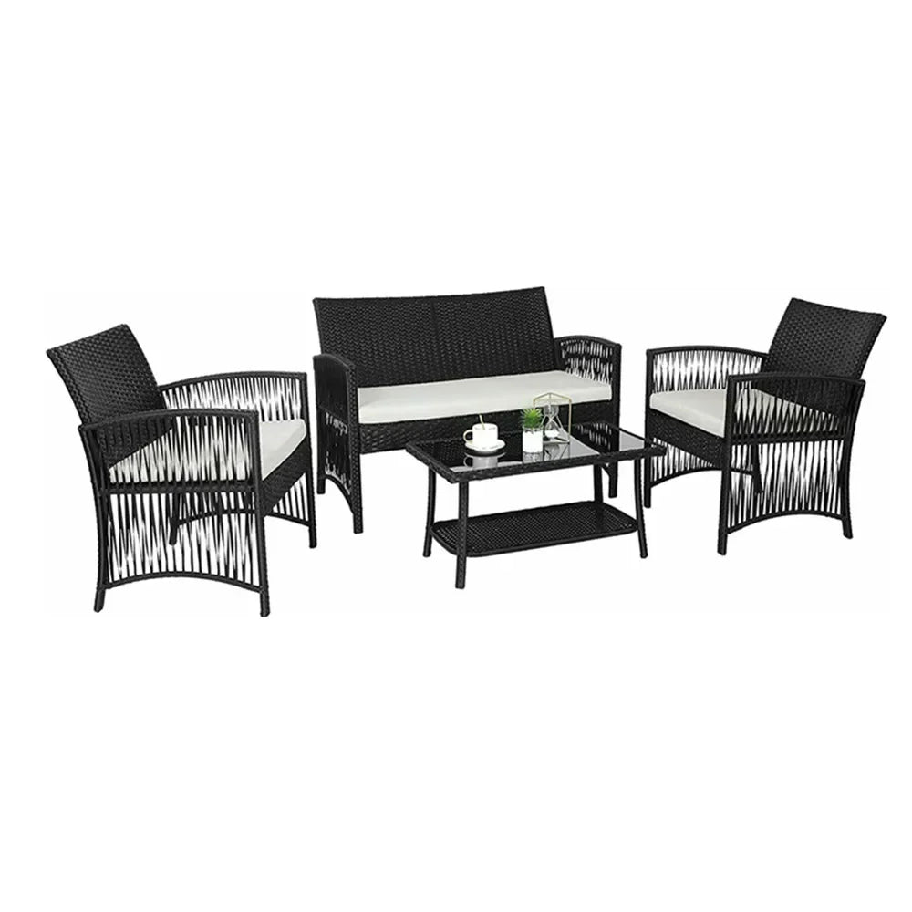 Rattan Garden Furniture Set Outdoor 4Pcs PE Rattan Patio Furniture Weaving Wicker Sofa Set Cushion Glass Table W/ Chairs Balcony