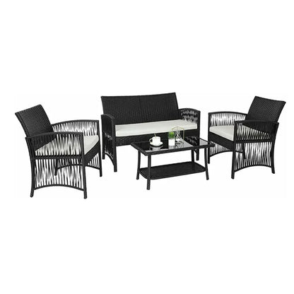 Rattan Garden Furniture Set Outdoor 4Pcs PE Rattan Patio Furniture Weaving Wicker Sofa Set Cushion Glass Table W/ Chairs Balcony