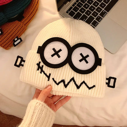 Kpop Cute Cartoon Cuff Beanie Cap Women's Candy Color Big Eyes Smile Skullies Hat Fashion Streetwear Student Warm Winter Knitted