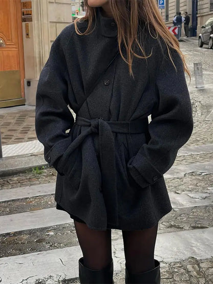 Fashion With Belt Black Woolen Long Coat For Women Oversize Loose Double Button Lapel Overcoat Autumn Lady High Street Outerwear