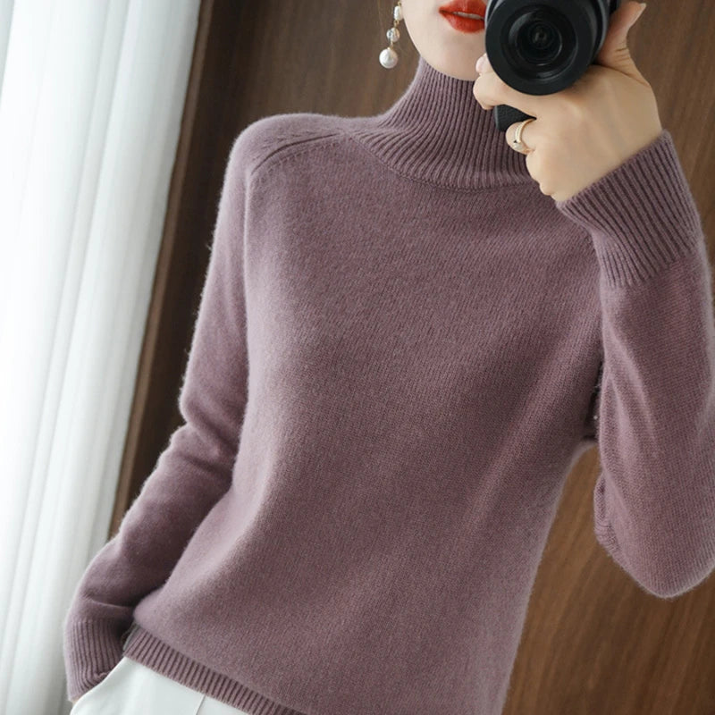 Women Autumn Winter Turtleneck Sweater Elegant Slim Solid Ribbed Knitted Cashmere Jumpers Female Long Sleeve Pullover Knitwear