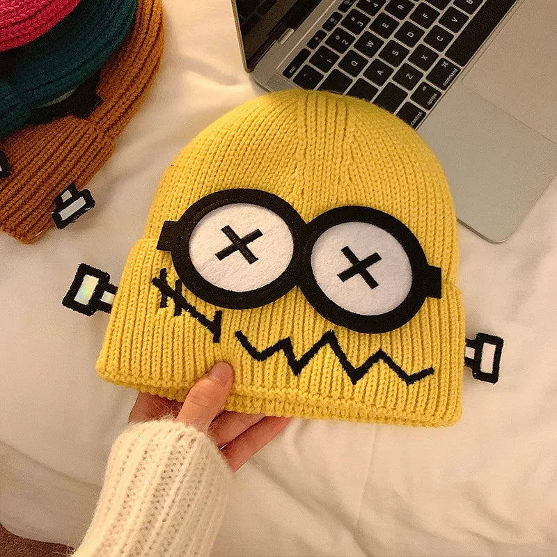 Kpop Cute Cartoon Cuff Beanie Cap Women's Candy Color Big Eyes Smile Skullies Hat Fashion Streetwear Student Warm Winter Knitted