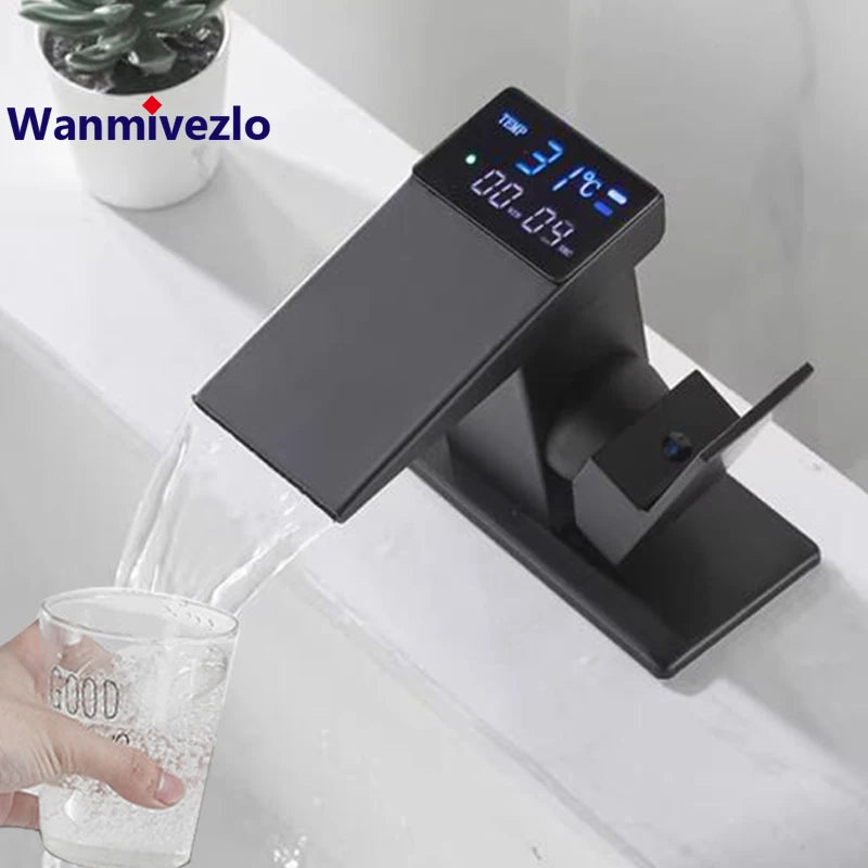 Smart Digital Display Basin Sink Faucet Hot Cold Water Temperature LED  Washbasin Waterfall Taps Bathroom Deck Mixers