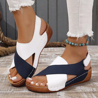 Women's Contrast Color Wedge Sandals Summer Peep Toe Non Slip Beach Shoes Woman Comfortable Platform Roman Sandalias Mujer 2024