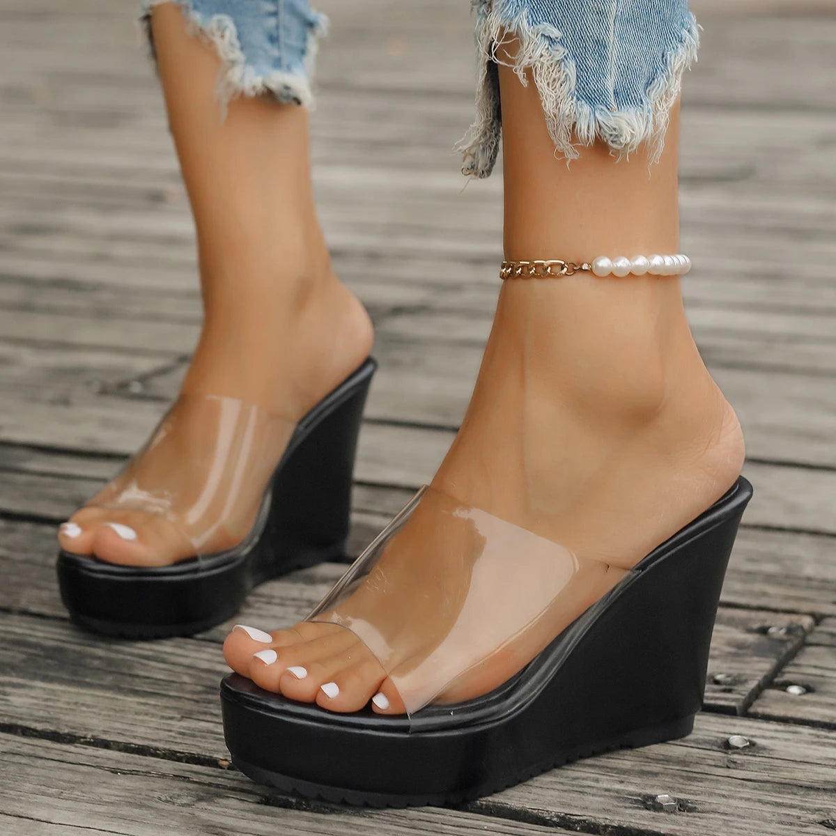 2024 Women Sandals New Casual Heels Woman Transparent Platform Wedges Non-slip Shoes Ladies Summer High Heel Large Size 35~43