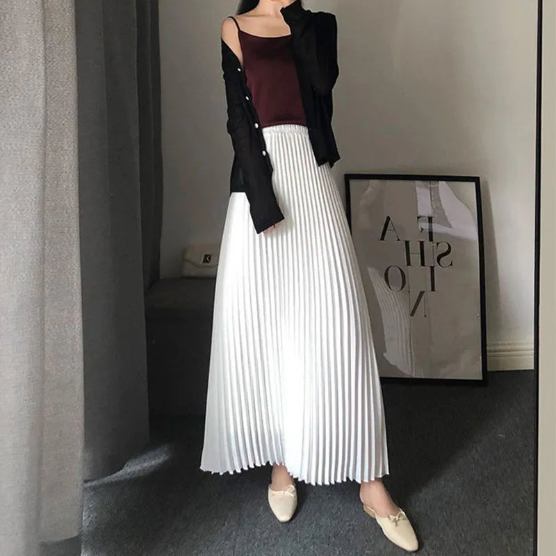 Spring Autumn Women's Pleated Skirts Korean Fashion High Waist Office Lady Long Skirt New Solid Color All-Match A-Line Skirts