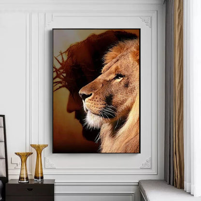 Lion and Jesus Canvas Painting Poster Prints Religion Christianity Wall Art Pictures for Living Room Bedroom Home Decoration