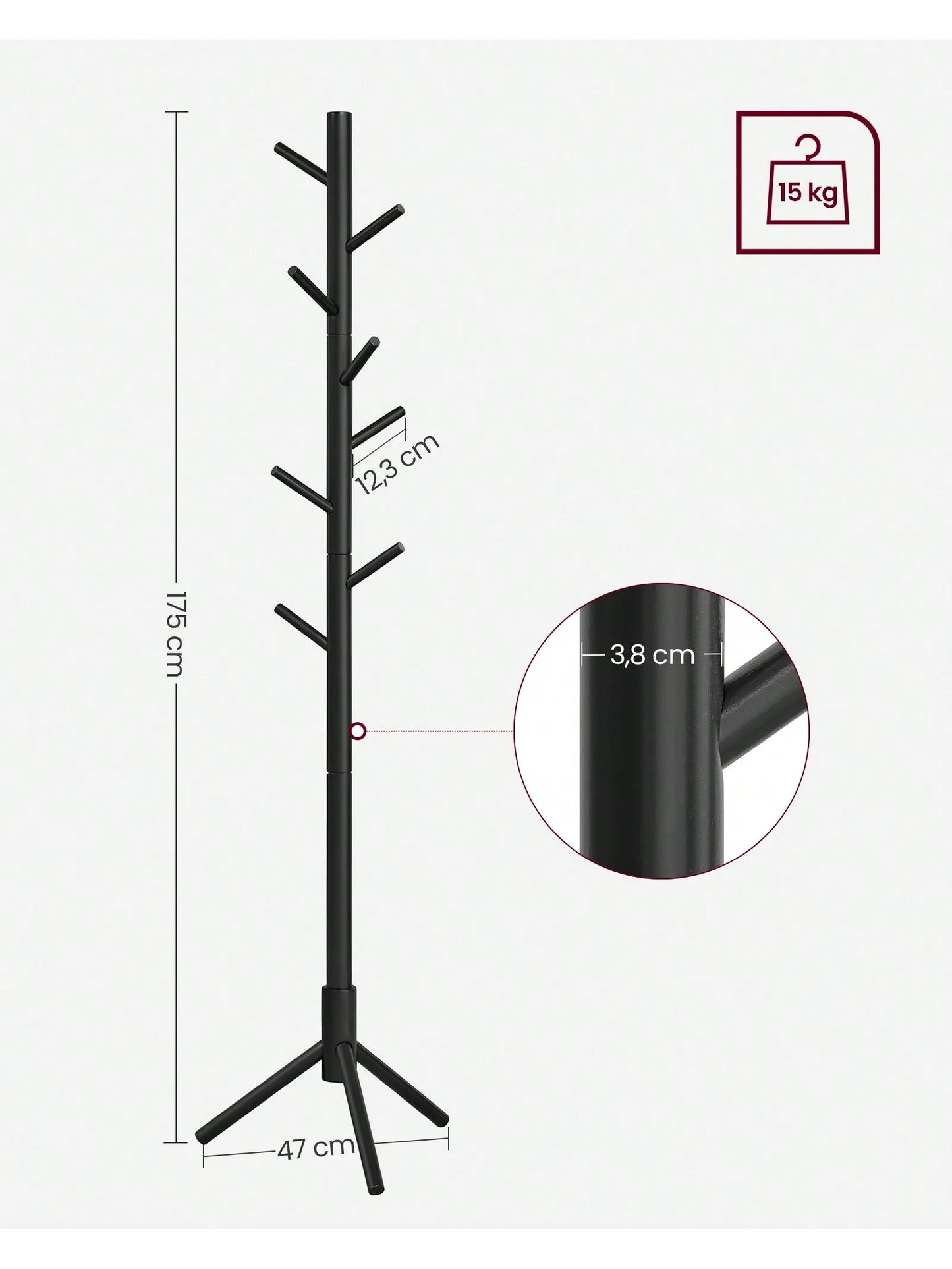 VASAGLE Tree-Shaped Coat Rack: Solid wood, 8 hooks, 3 height options for clothes, hats, bags. Living room, bedroom