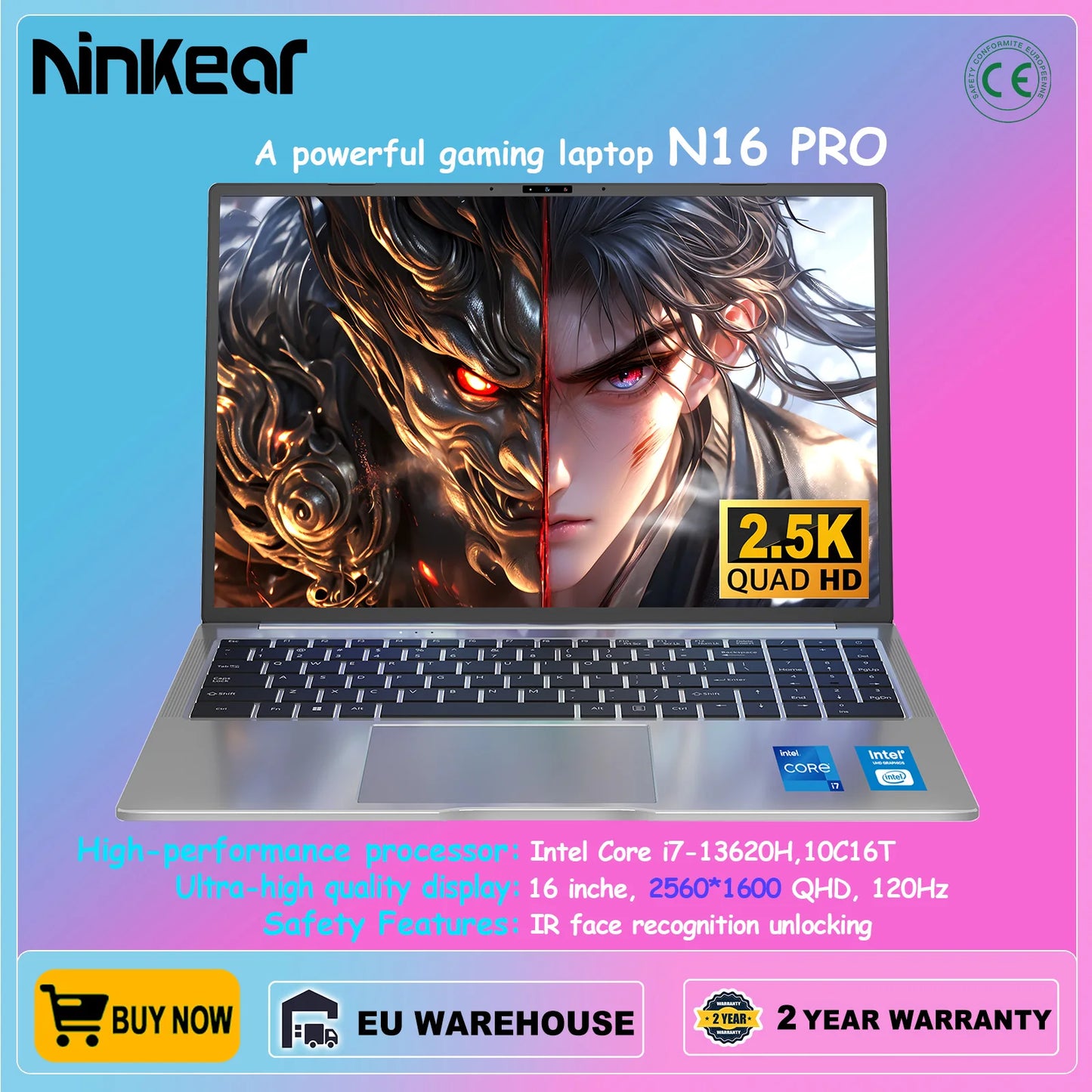 Ninkear Gaming Laptop N16 PRO 16-inch 13th Gen Intel i7-13620H 32GB DDR4+1TB SSD 2.5K IPS 120Hz Face Unlock WiFi6