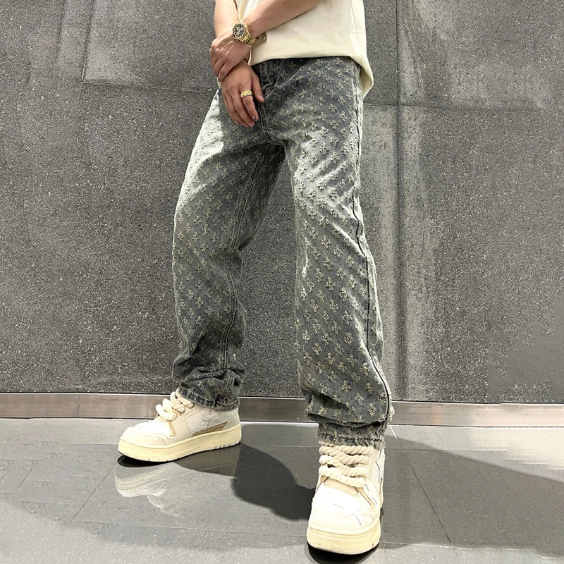 Jacquard Pattern Denim Pants Male Straight Fitting Baggy Bottoms Distressed Wide Jeans For Men