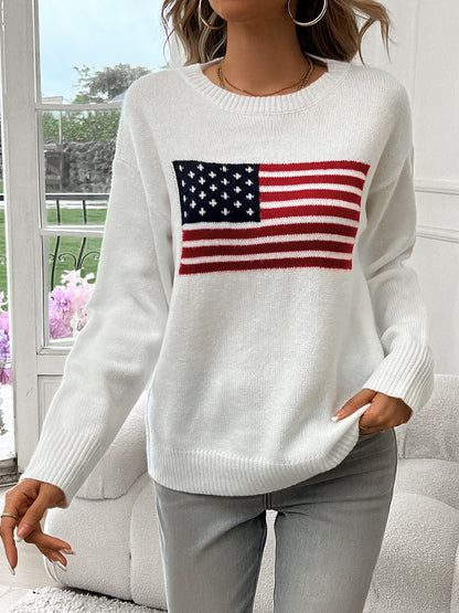 American Flag Crew Neck Long Sleeve Pullover Women's Sweater