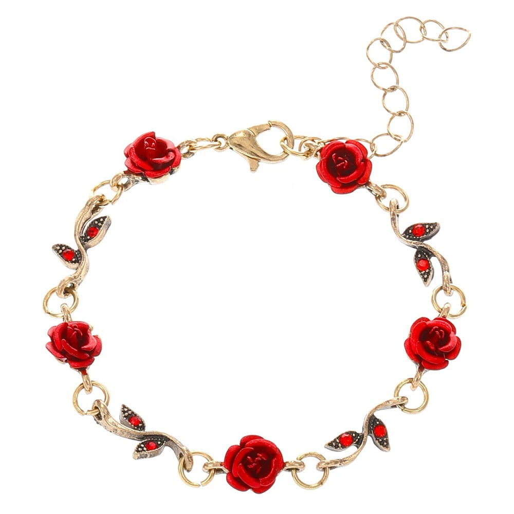 1-3pcs/set Vintage Red Rose Bracelet Necklace Earring Pretty Fashion Elegant Jewelry for Women Wedding Romantic Gifts Wholesale