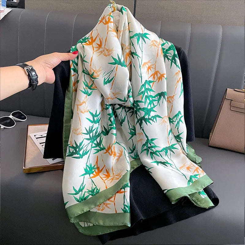 Women Fashion Print Silk Scarf Luxury Brand Warm 180X90CM Scarves Popular Lrage Satin Finish Shawl The Four Seasons Design Hijab