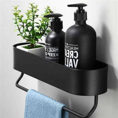 Black Bathroom Shelf Shower Basket Kitchen Storage Rack With Towel Bar Cosmetics Wall Shelves Bathroom Accessories