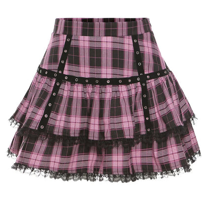 FICHOR Mall Goth Gothic Lace Ruffle Mini Skirts Womens Harajuku Fairy Grunge Pink Plaid Pleated Skirt Japanese Lolita Streetwear