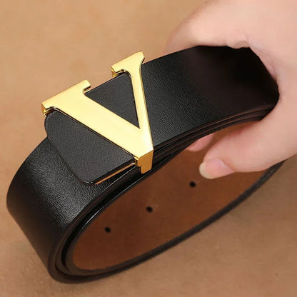 High Quality Smooth Buckle Belt Men's Genuine Leather Pure Cowhide Letter V Jeans Belt for Men Women Luxury Male Belt Designers