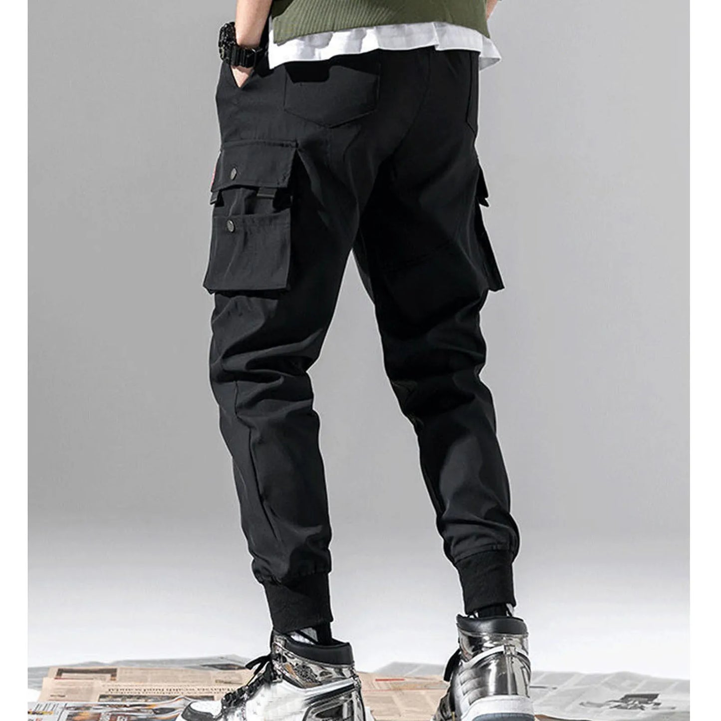 2024 New Joggers Cargo Pants For Men Casual Hip Hop Hit Color Pocket Male Trousers Sweatpants Streetwear Ribbons Techwear Pants