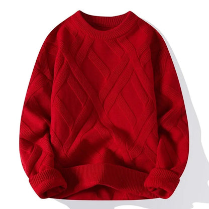 Autumn Winter Men's Sweater Casual Loose-fit Red Knitted Pullover Round Neck Base Layer Thickened Trendy Top For Men