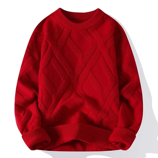 Autumn Winter Men's Sweater Casual Loose-fit Red Knitted Pullover Round Neck Base Layer Thickened Trendy Top For Men