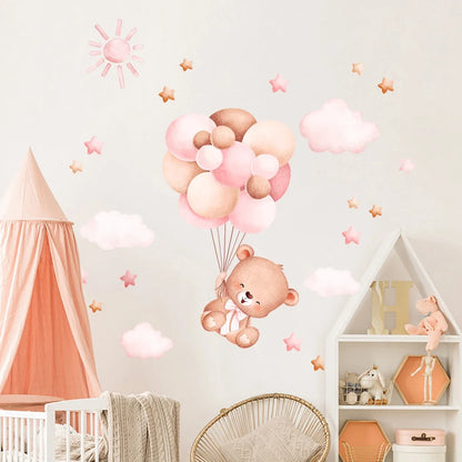 1Pc Cartoon Cute Balloon Bear Furniture Wall Sticker Kids Room Home Decoration for Baby Room Decor Girls Bedroom Living Room DIY