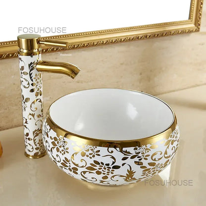 Retro Gold Plated Round Bathroom Sinks Designer Bathroom Washbasins Small Handmade Table Basin Nordic Kitchen Washing Sinks