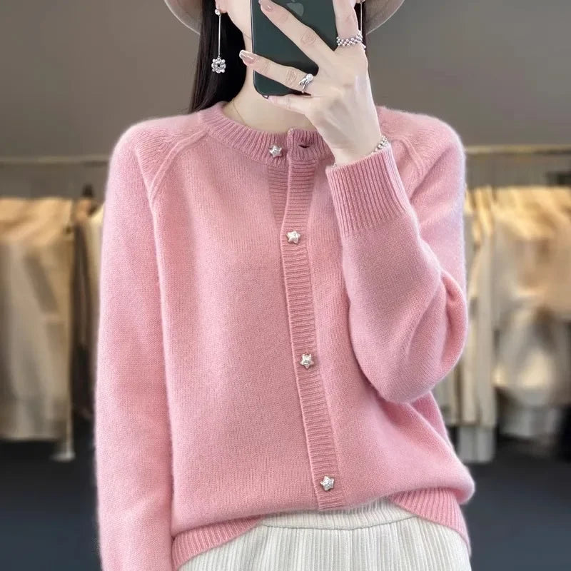 2024 New Women's Cardigan Sweater Idle Style Round Neck Star Button Knit Base Jacket Wholesale Price Quality Knitwear