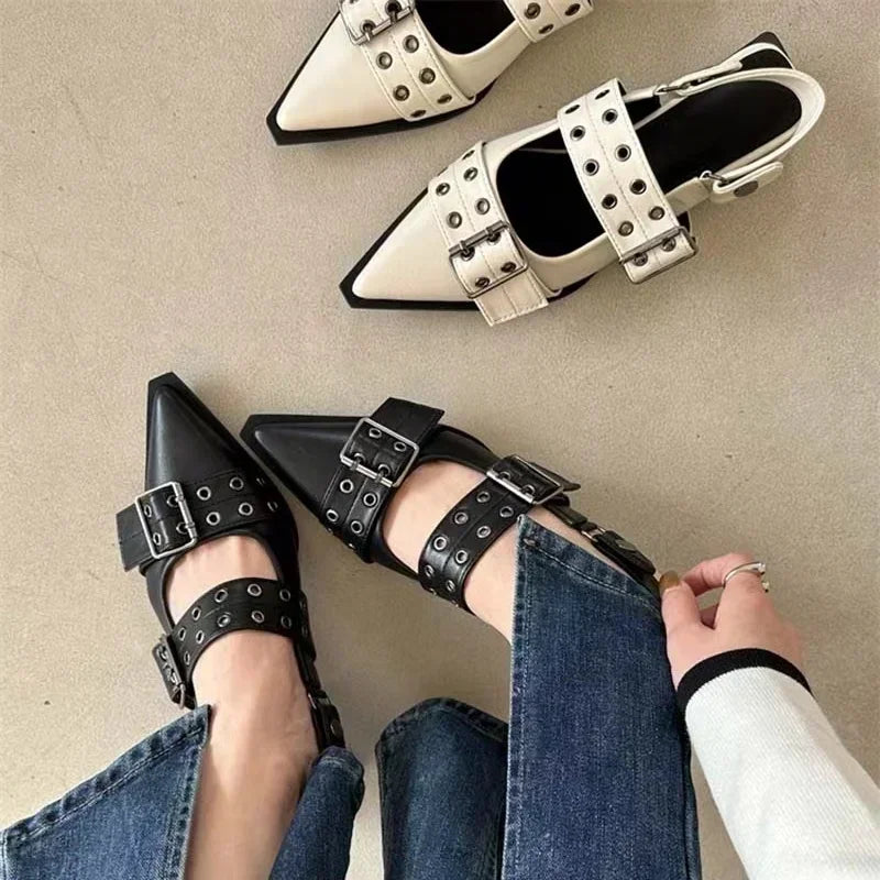 Strap shoes, Gothic thick heels, women's high heels, rivets, street style, medium heels, punk retro casual sandals