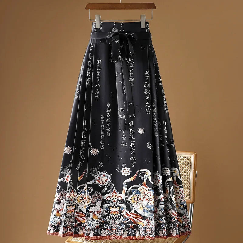 Maxi Chinese Style Horse Face Skirts Women Hanfu Vintage Harajuku Saia Casual Long Print Pleated Skirt Woman Clothing Faldas