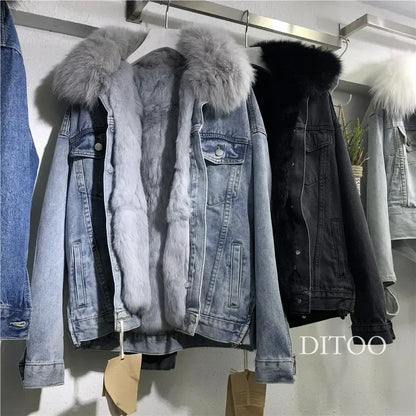 Women Denim Cost Single Breasted Button Jackets Fleece Patchwork Cardigan Pockets Outerwear Casual Warm Solid Loose Fit