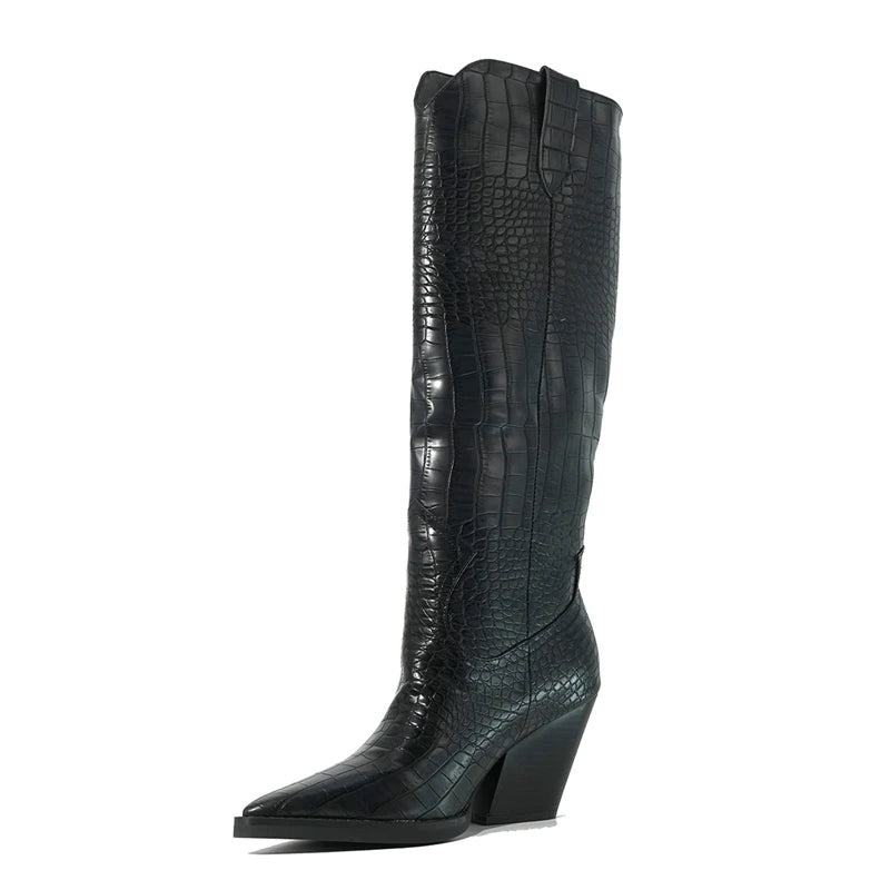 Kaky's new pointed thick heeled oversized women's boots, high boots, long boots, western boots