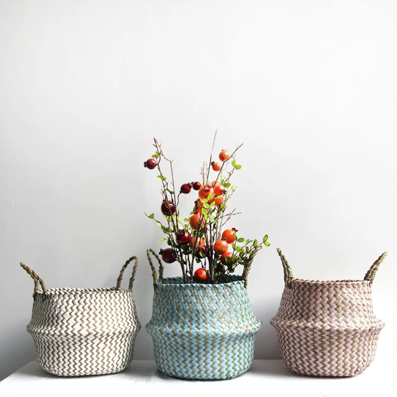 Boho Decor Striped Wicker Storage Baskets Handmade Collapsible Laundry Basket Patchwork Seaweed Flower Belly Garden Flower Pot