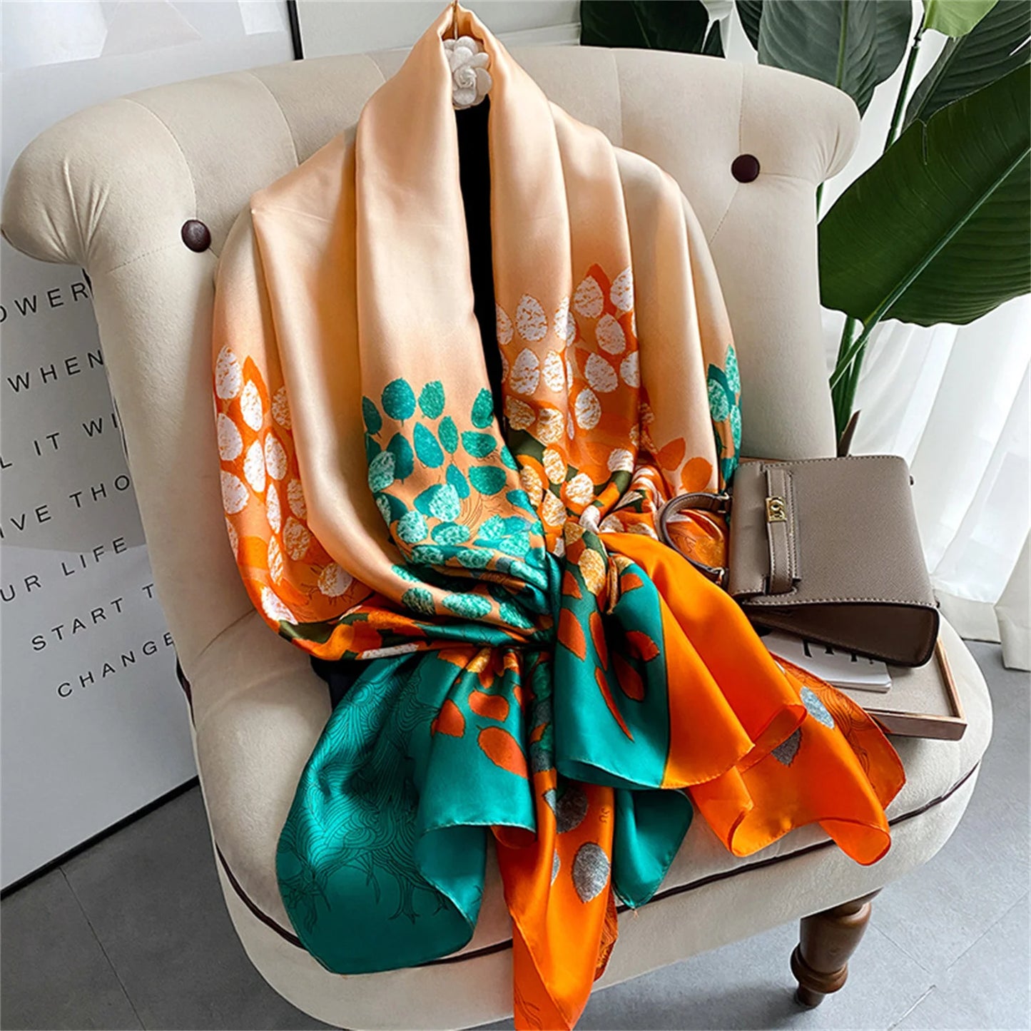 Women Fashion Print Silk Scarf Luxury Brand Warm 180X90CM Scarves Popular Lrage Satin Finish Shawl The Four Seasons Design Hijab