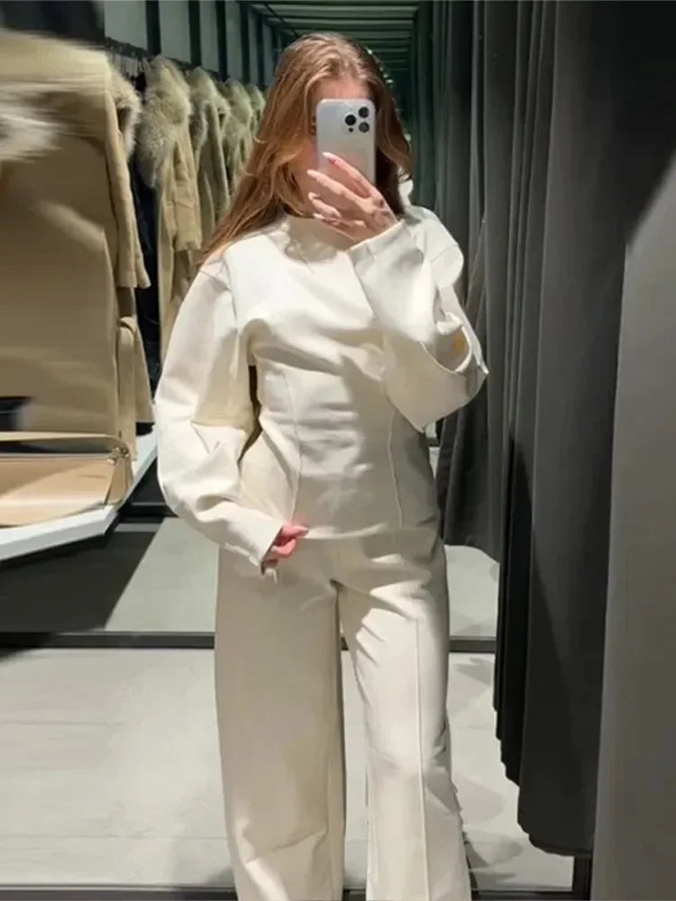 2024 Elegant Solid Patchwork Top Pants Set Women Long Sleeve O-neck Pleated Tops Wide Leg Trousers Suit New Office Lady Outfits