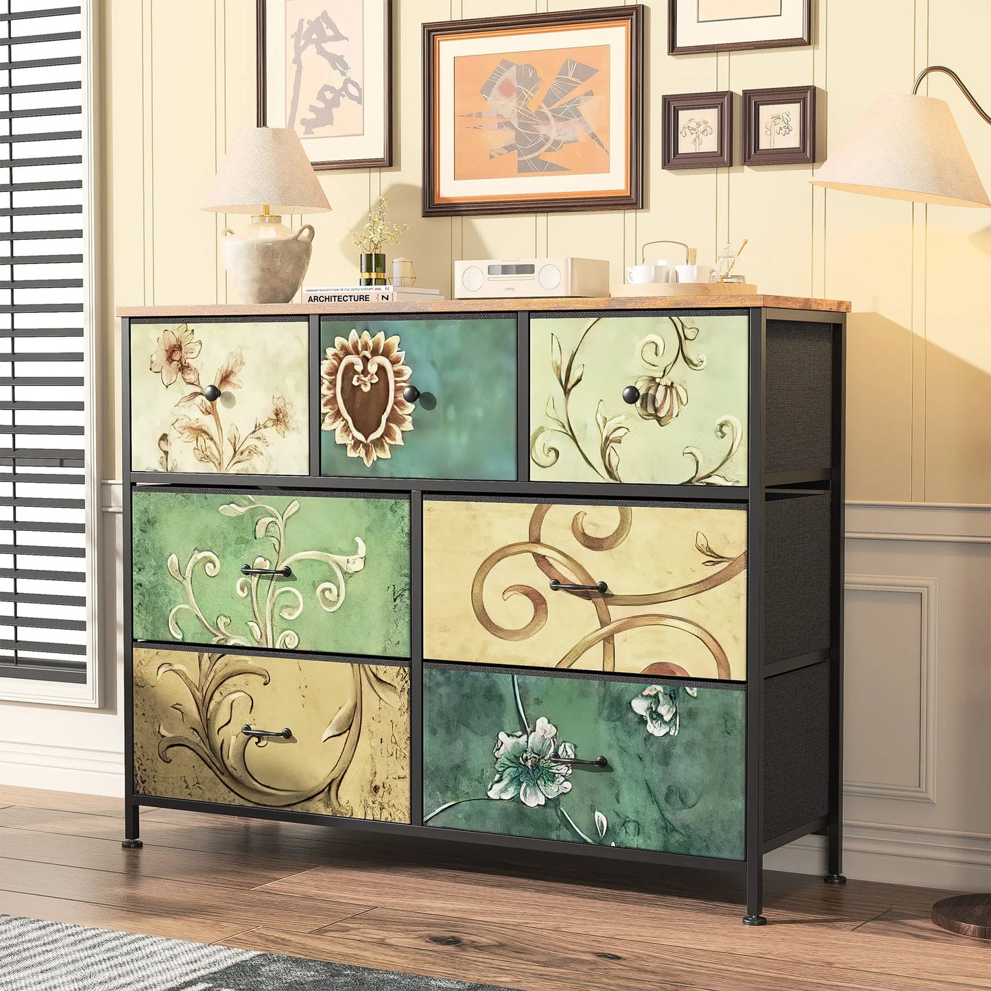 Bohemian Chest of Drawers with 7 Fabric Drawers, Sideboard with Fabric Drawers, Drawer Cabinet for Living Room Bedroom Hallway