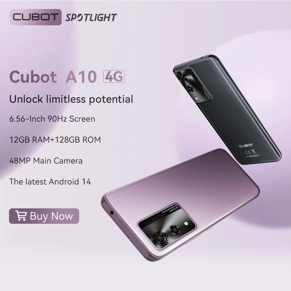 Android Smartphone Cubot A10, 12GB RAM (4GB+8GB), 128GB ROM, Octa-core, 6.56-Inch 90Hz Screen, 5100mAh, 48MP, 5G WiFi, 4G Phone