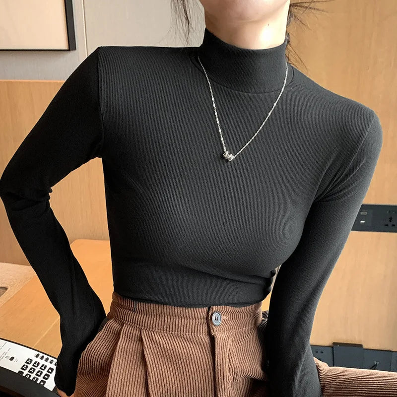 2024 New Knitted Half-turtleneck Pullovers Women Bottom Shirts Sweater Jumper Elegant Korean Fashion Long-sleeved Knitwear Tops