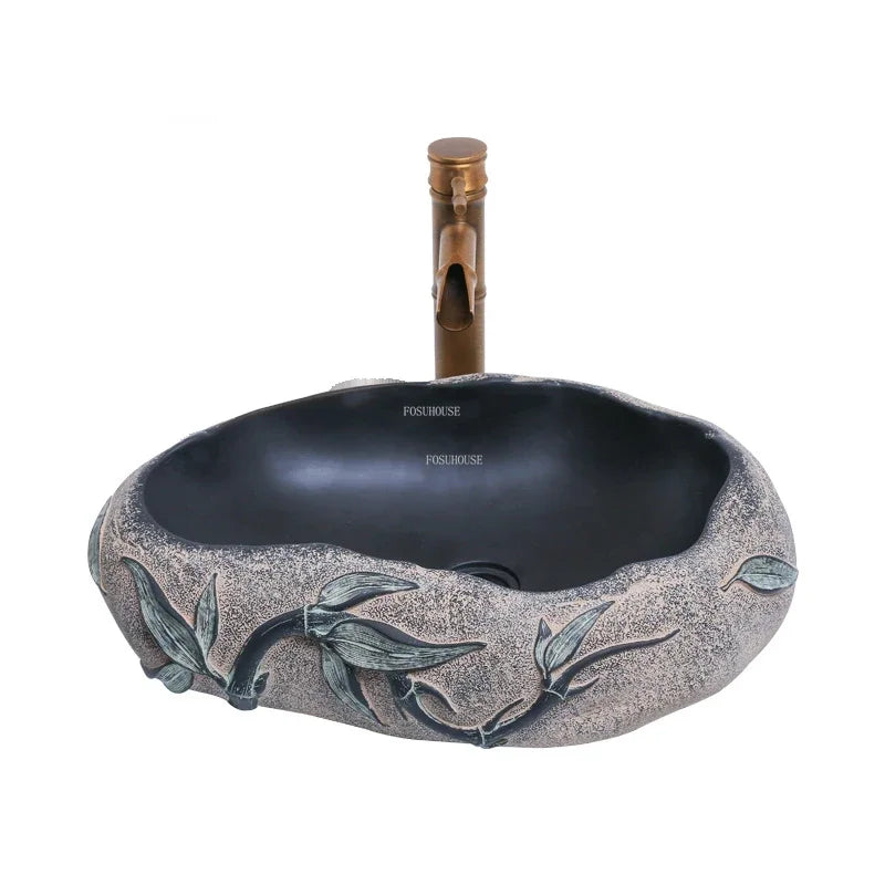 Chinese Imitation Stone Resin Bathroom Sinks Creative Household Bathroom Washing Basin Modern Countertop Basin Carving Basin L