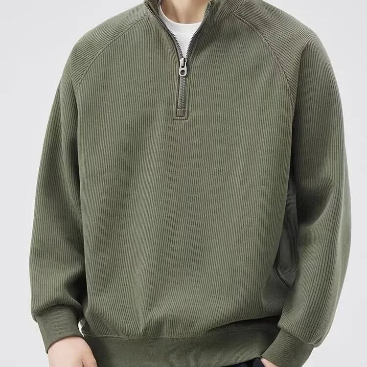 New Winter Men's Trendy Fleece-lined Sweatshirt Half-zip Ribbed Cotton Fleece Inner Layer Loose-fit Long Sleeve Pullover