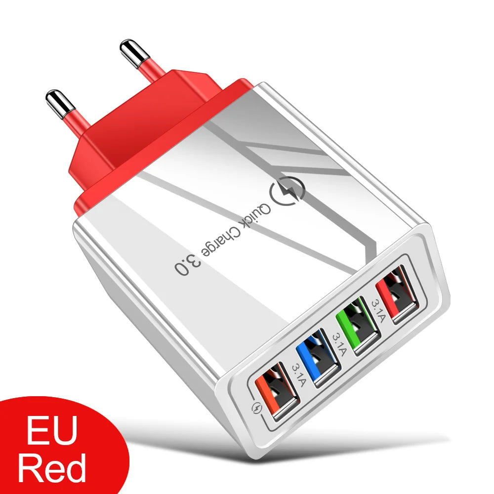 4 Ports USB Charger Quick Charge 3.0 Wall Charger Fast Charging For iPhone 15 14 Samsung Xiaomi EU/US Plug Phone Charger Adapter